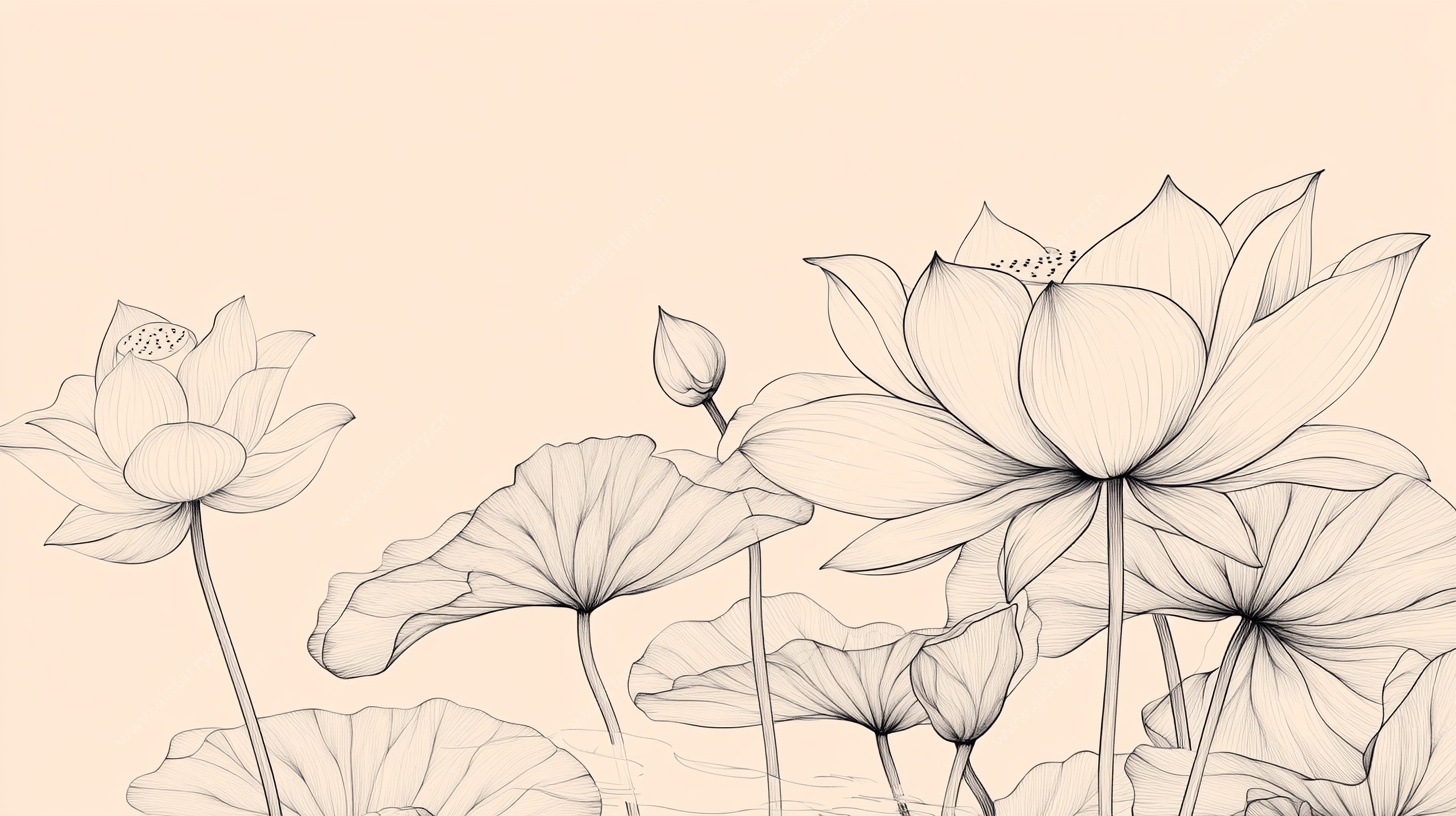 水墨风线描荷花图