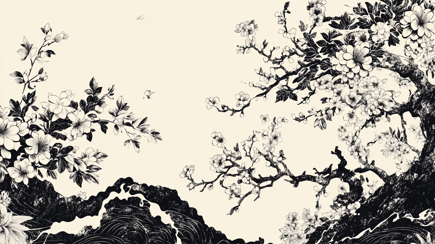 墨韵繁花山水图