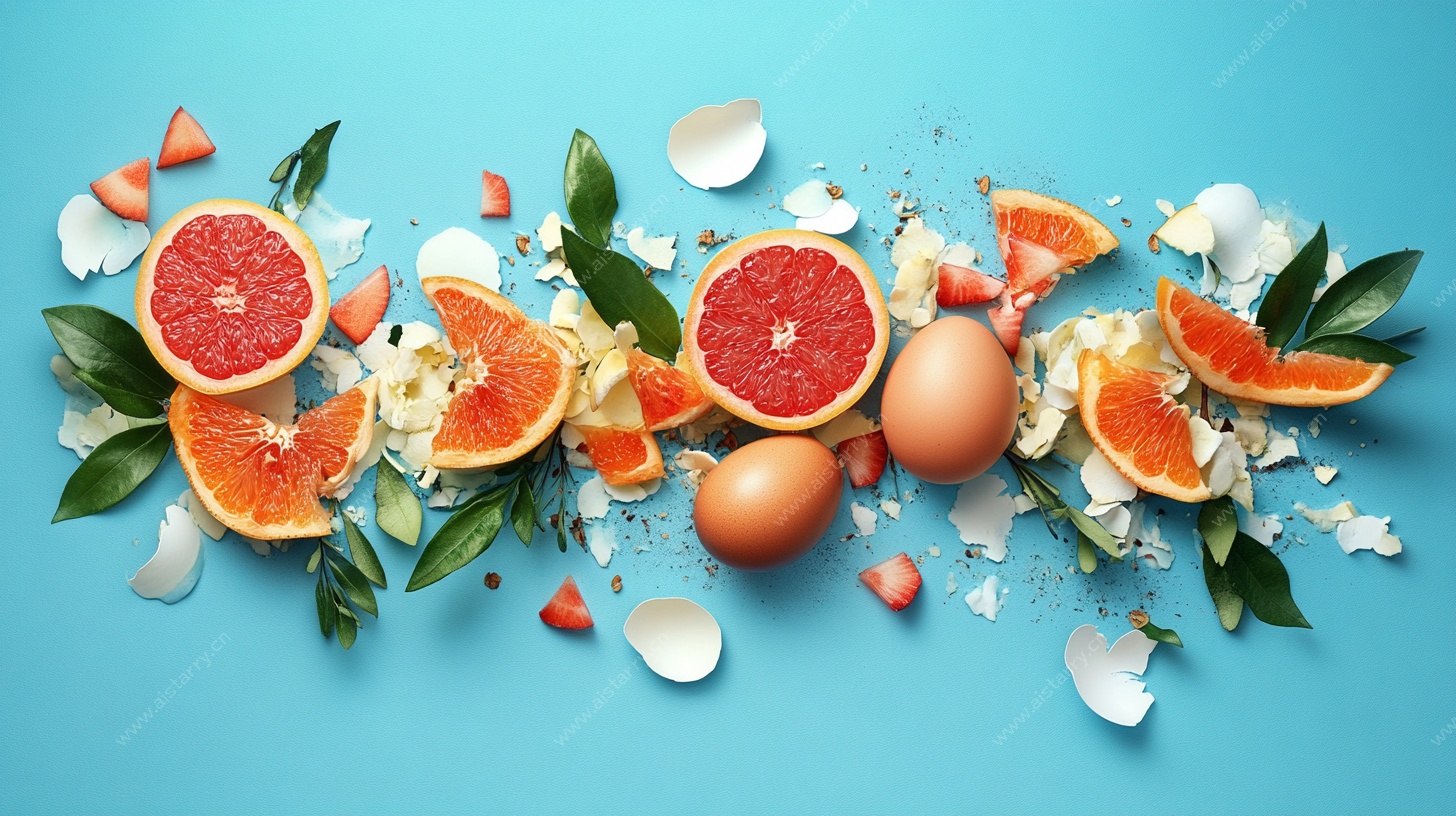 蓝底柑橘鸡蛋创意摆拍图