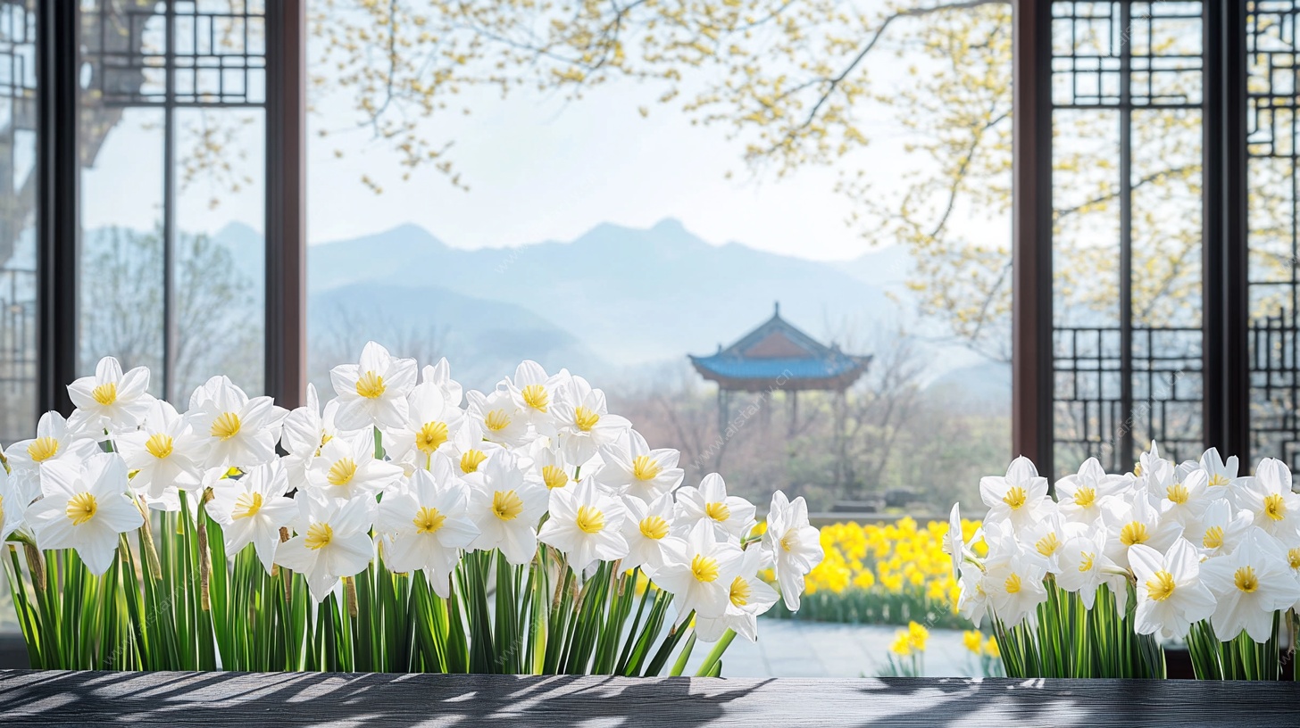 窗前水仙映景春意浓