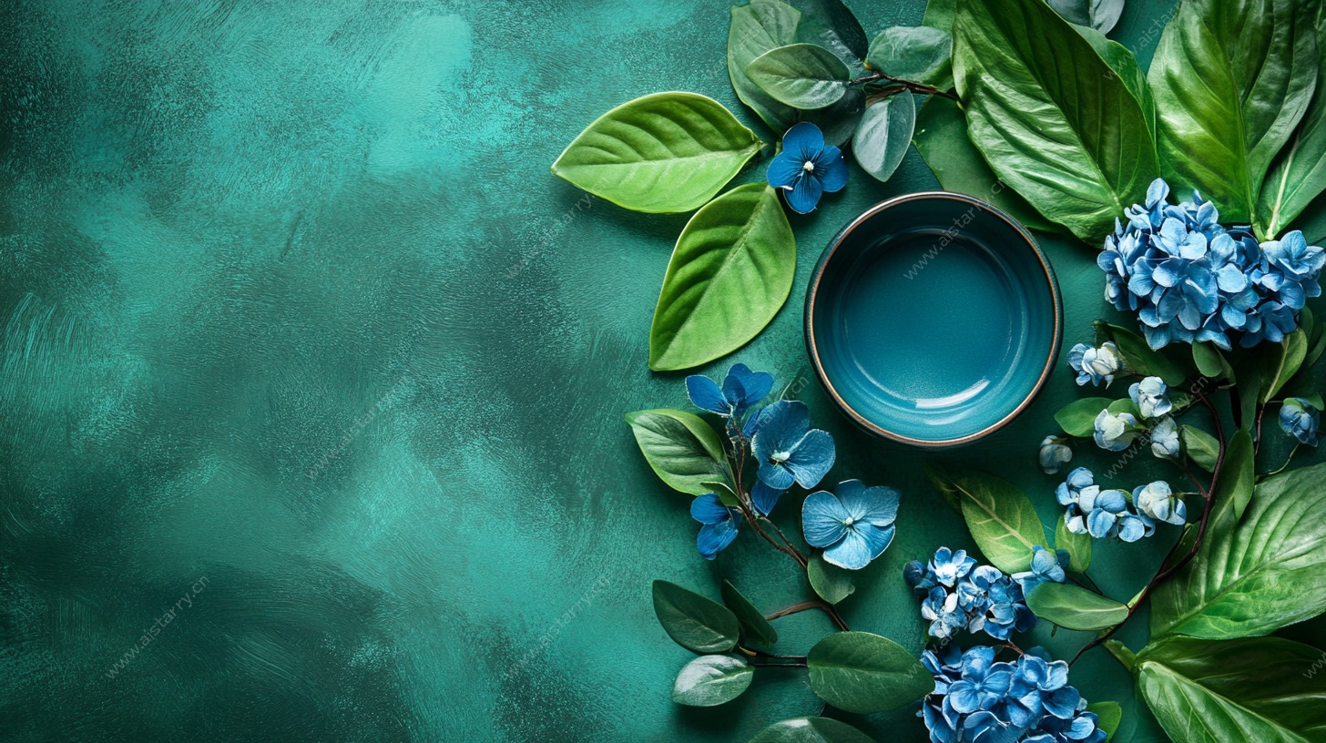 蓝绿花卉环绕的精致瓷碗