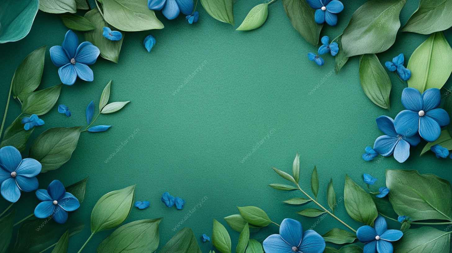 蓝花绿叶环绕背景图