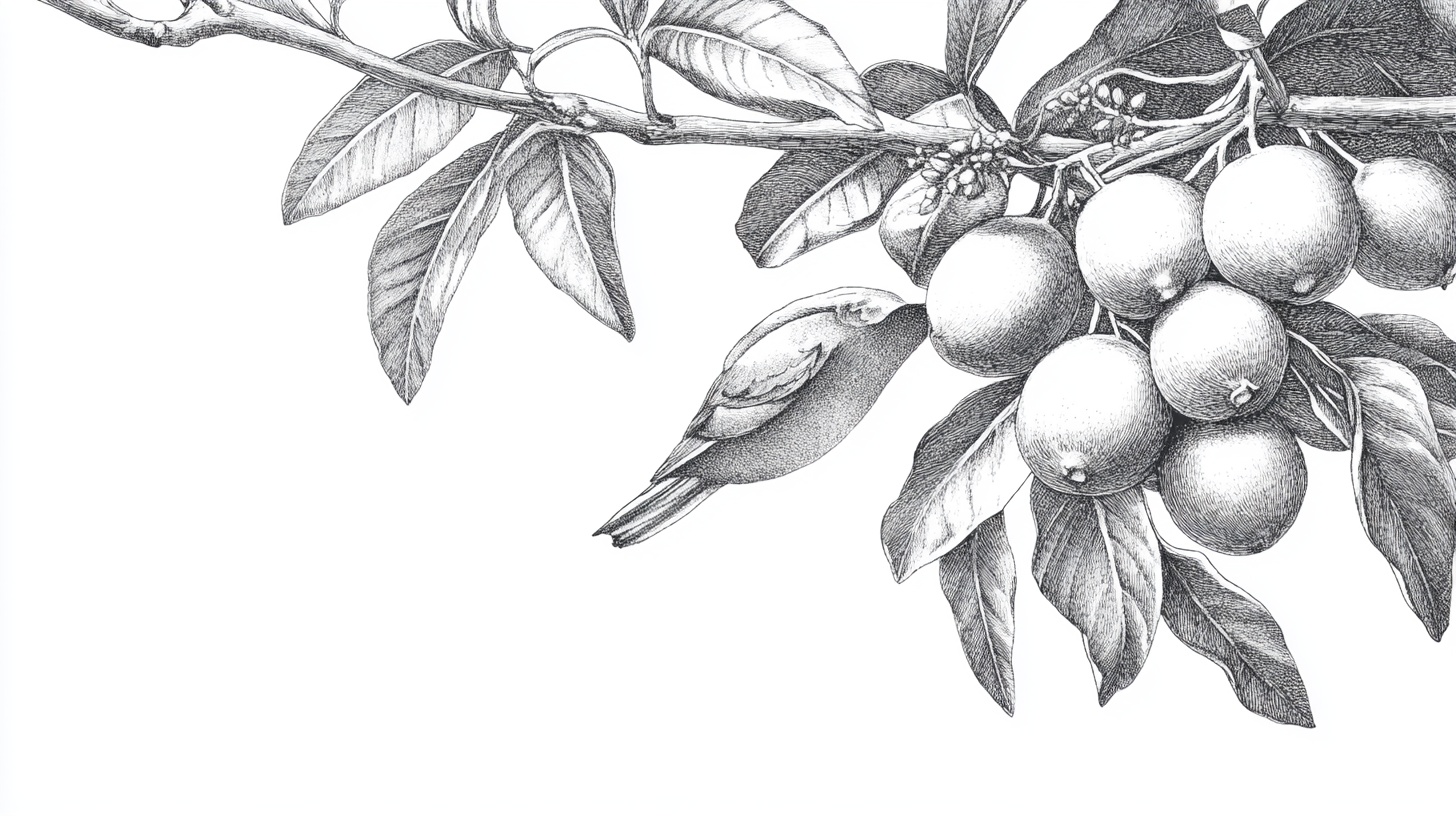 枝头硕果与鸟素描图