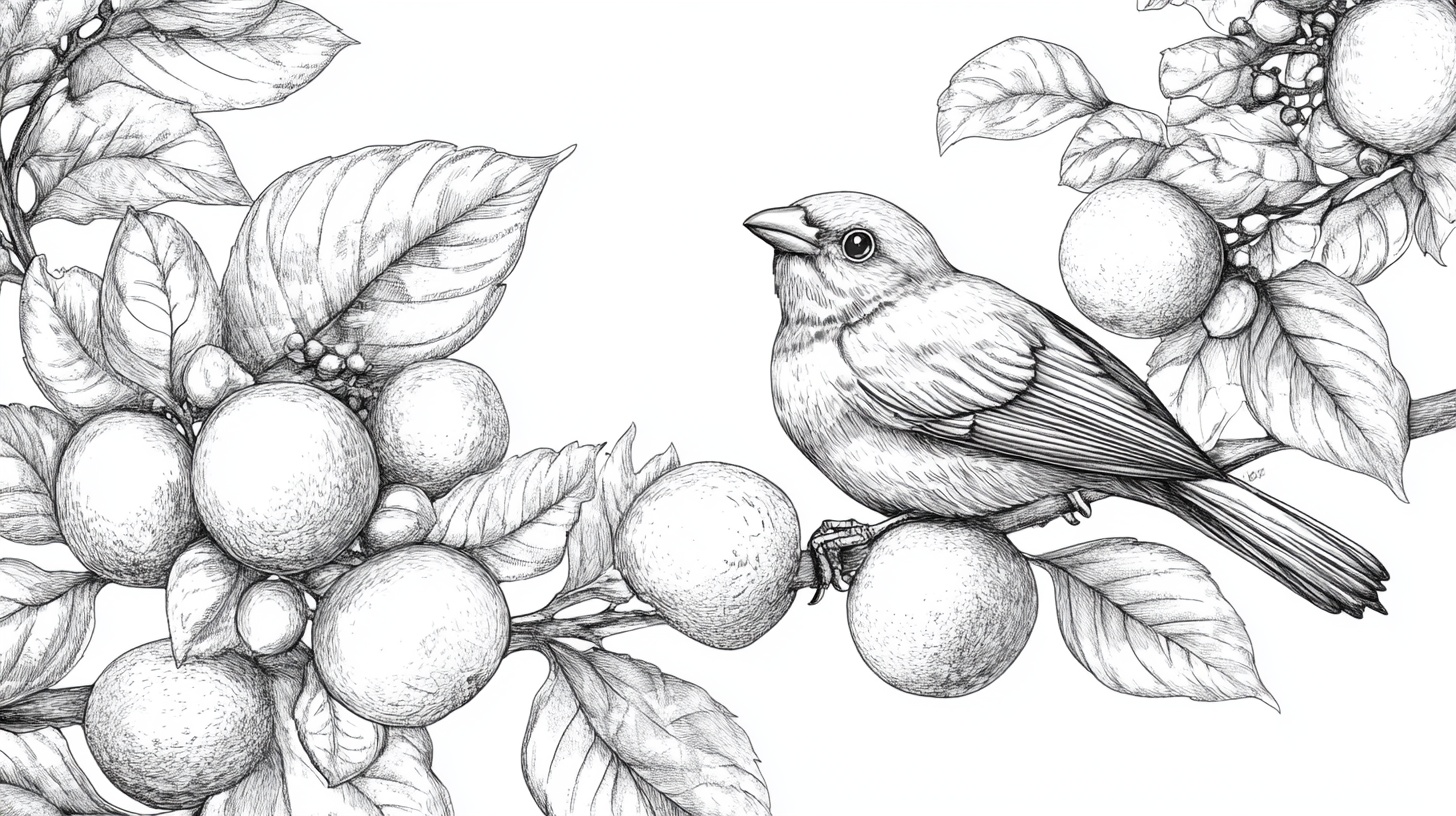 枝头小鸟与果实素描图