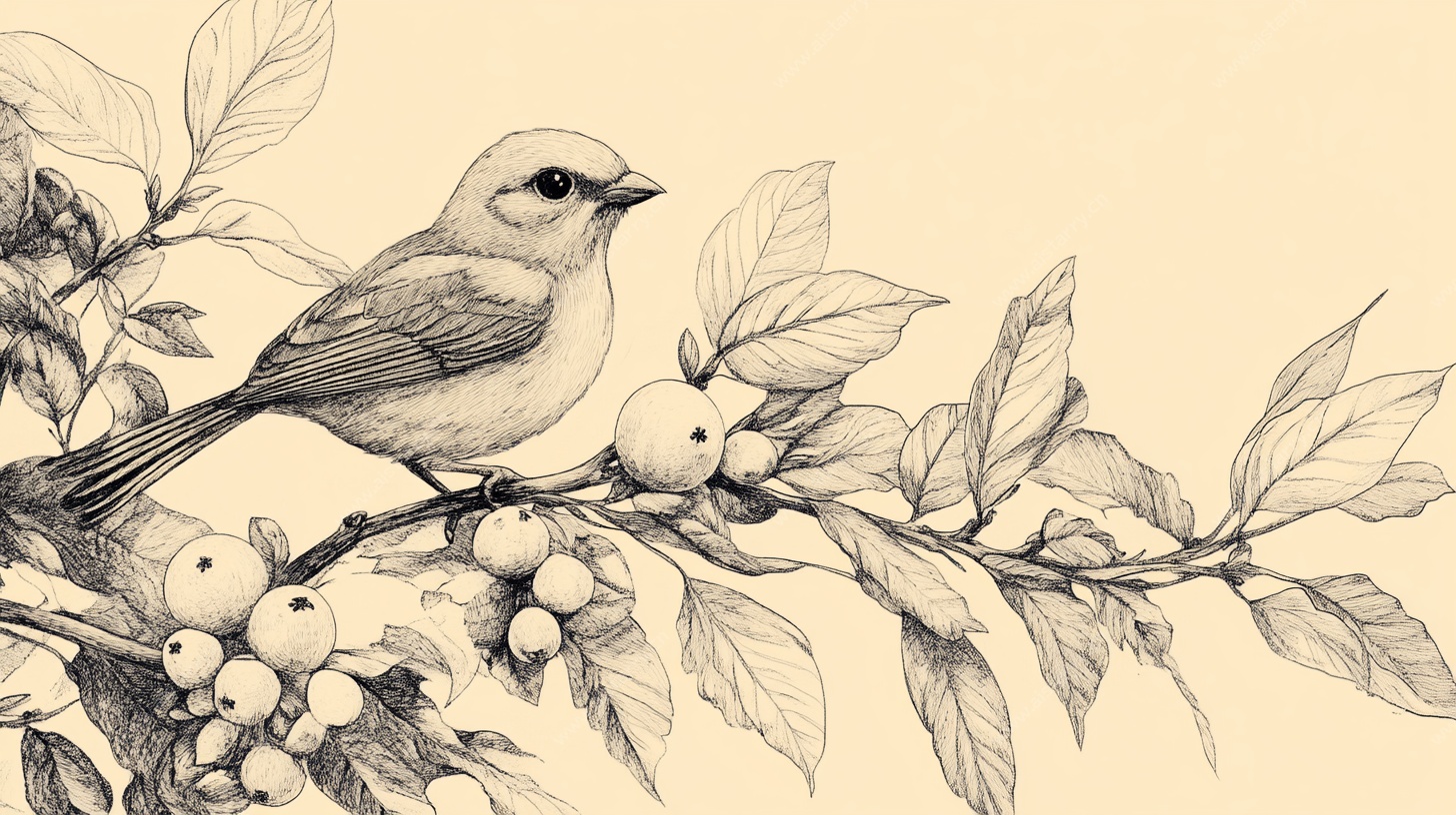 枝头小鸟素描图