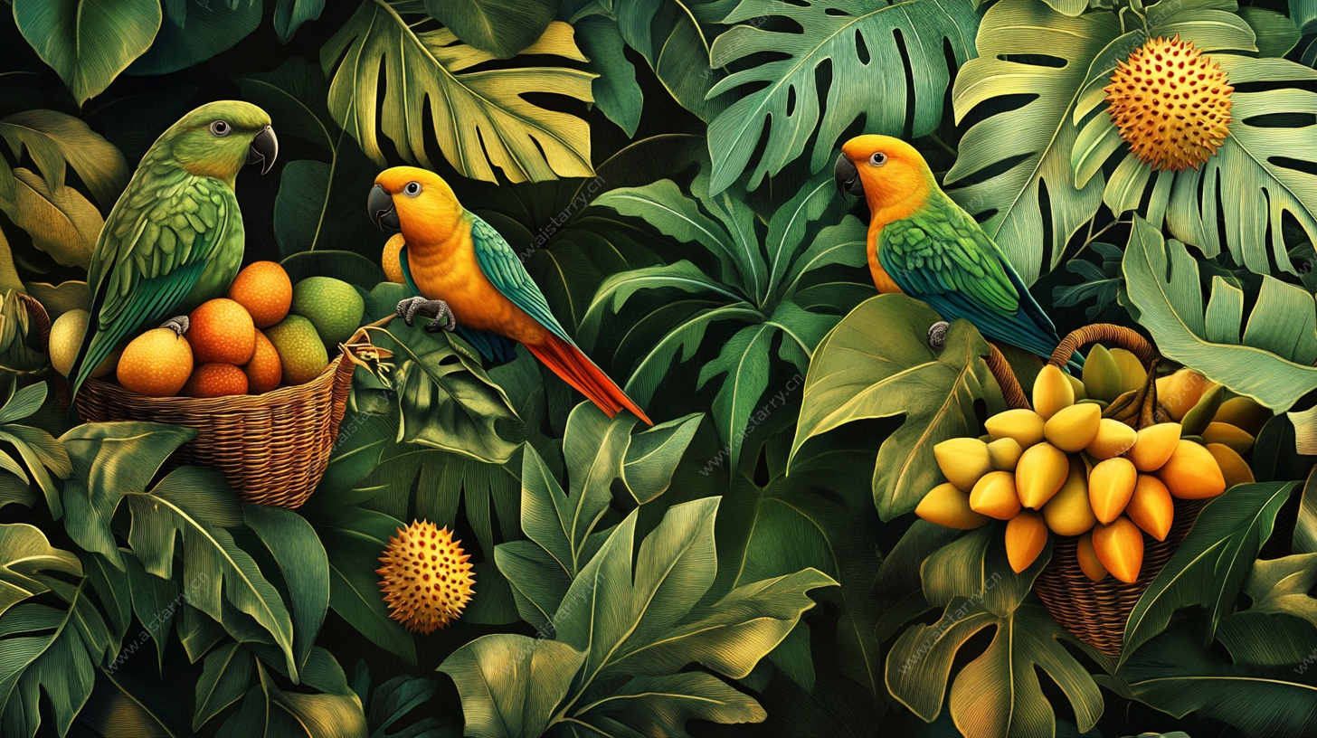 热带鹦鹉与鲜果丛林图景