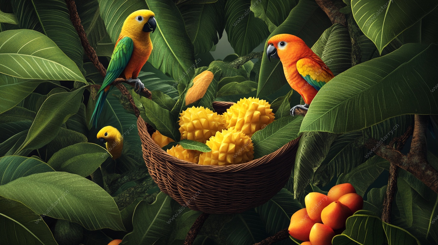 鹦鹉与鲜果的雨林之景