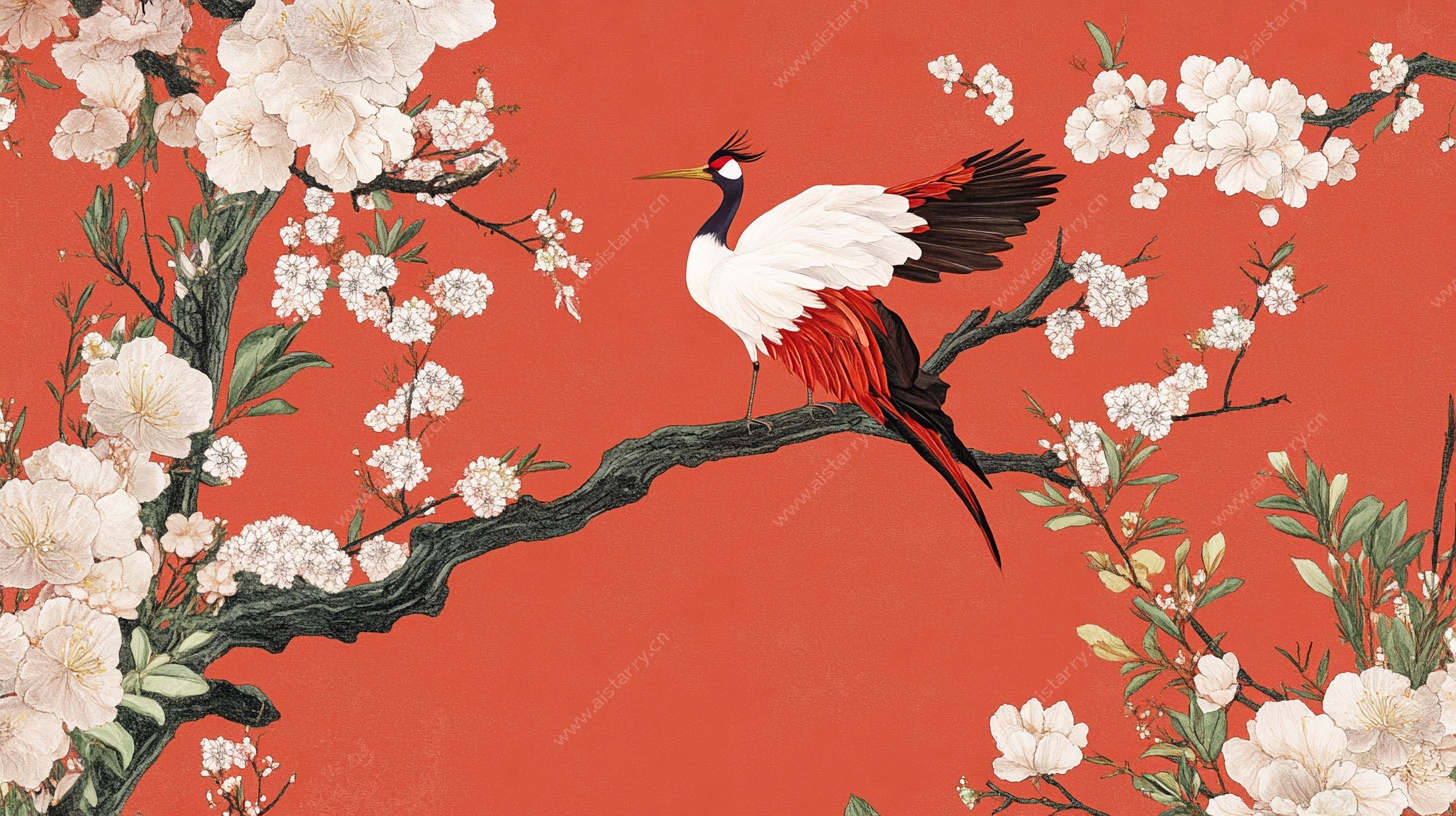 丹顶鹤栖于繁花枝头