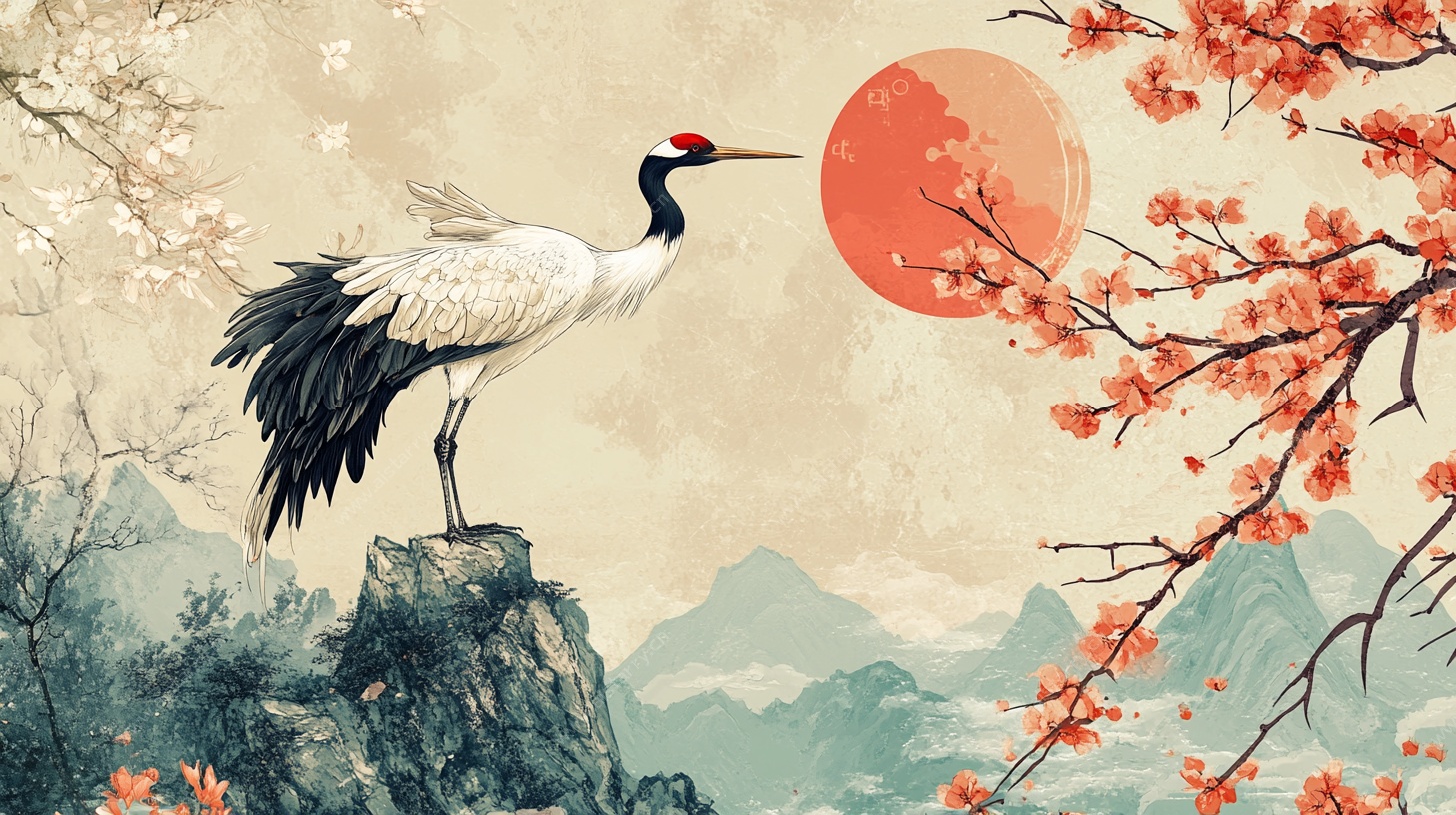 丹顶鹤立于山间赏红日