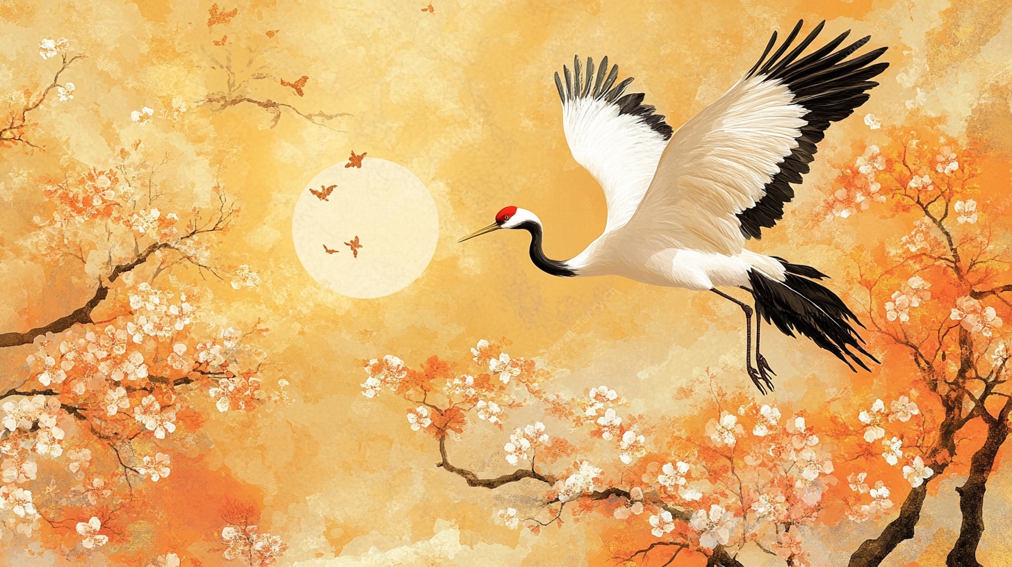 丹顶鹤翔于金秋花树间