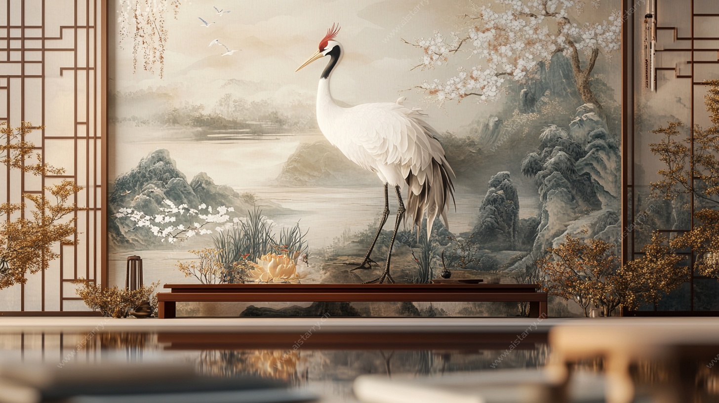 中式屏风前的优雅白鹤