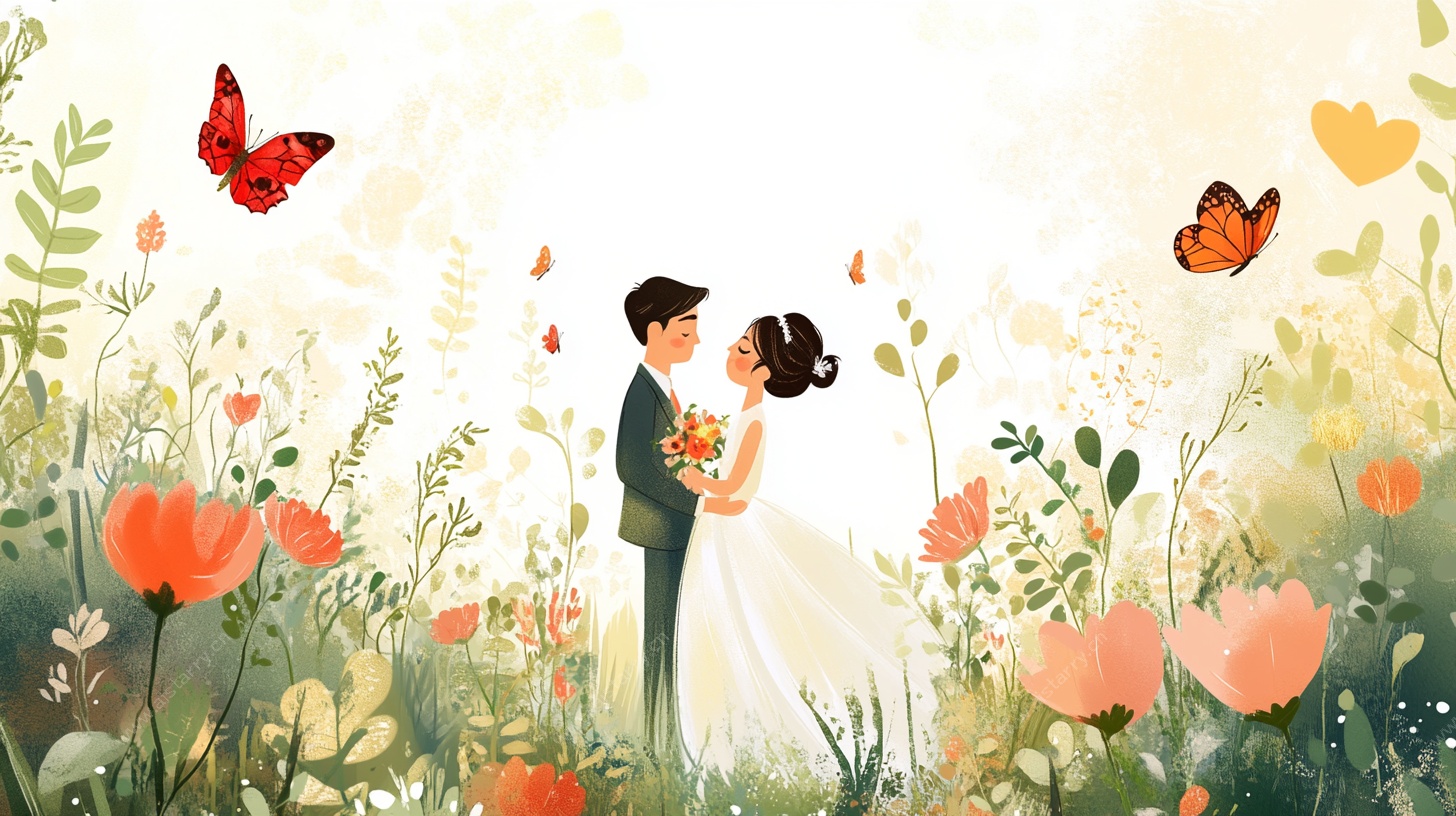 浪漫花海中的新婚夫妇