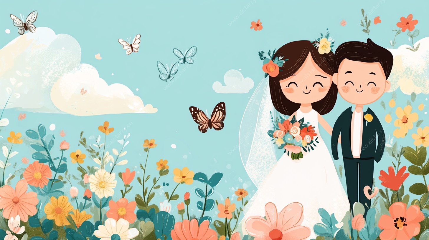 新婚夫妇花丛甜蜜合影