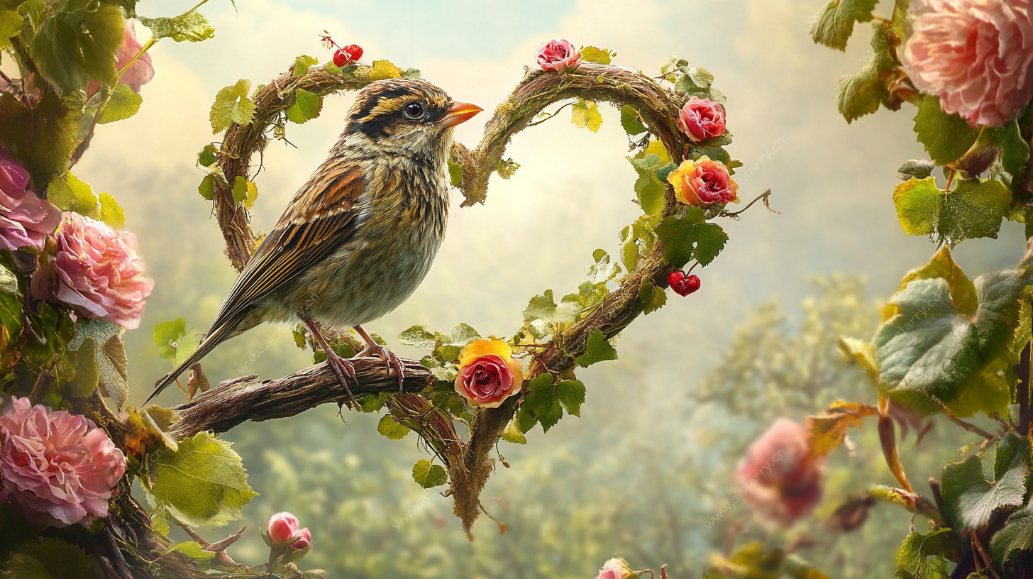 心型花丛中的雀鸟