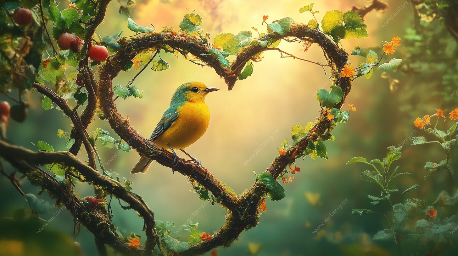 心型树枝上的小鸟