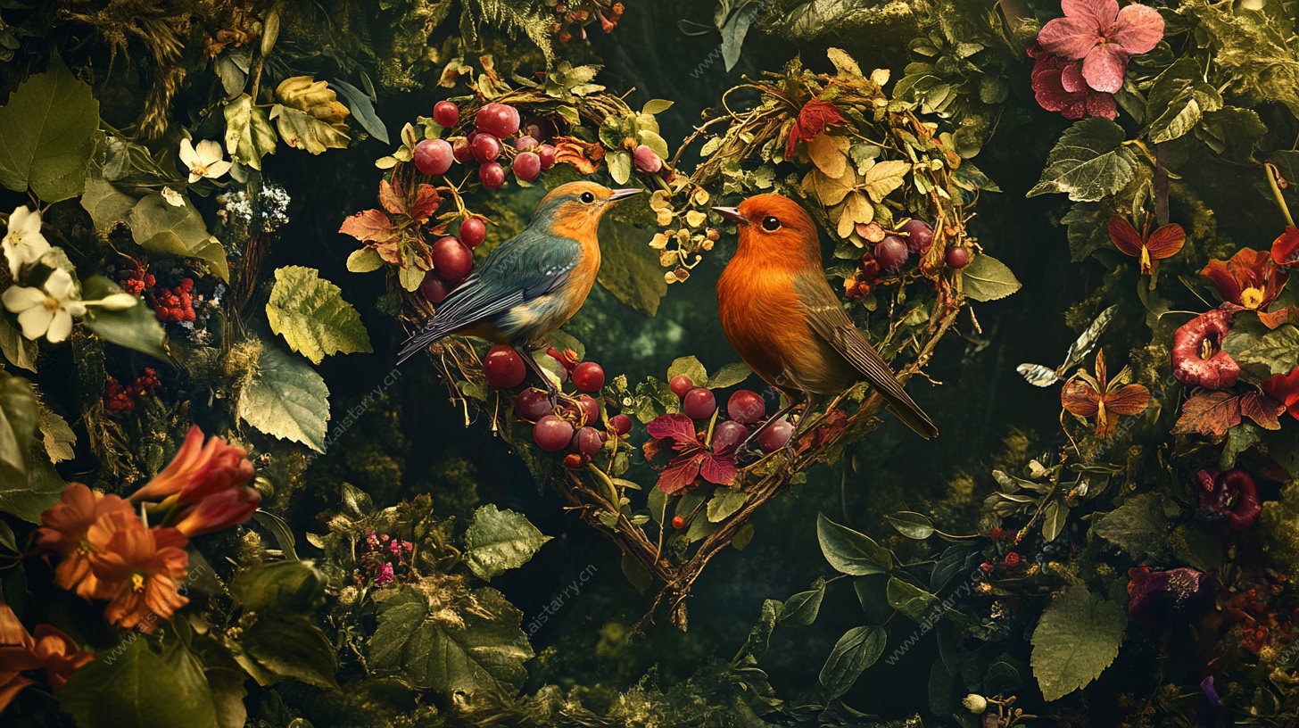 心形花丛中的双鸟