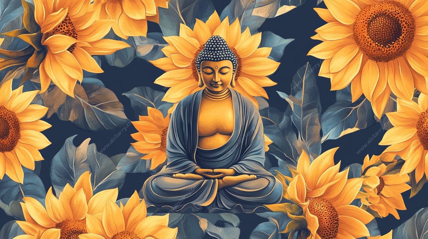 佛像与向日葵梦幻插画