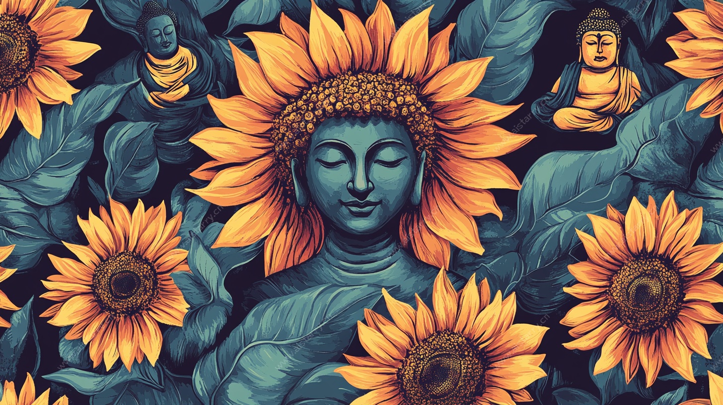 佛像与向日葵梦幻插画