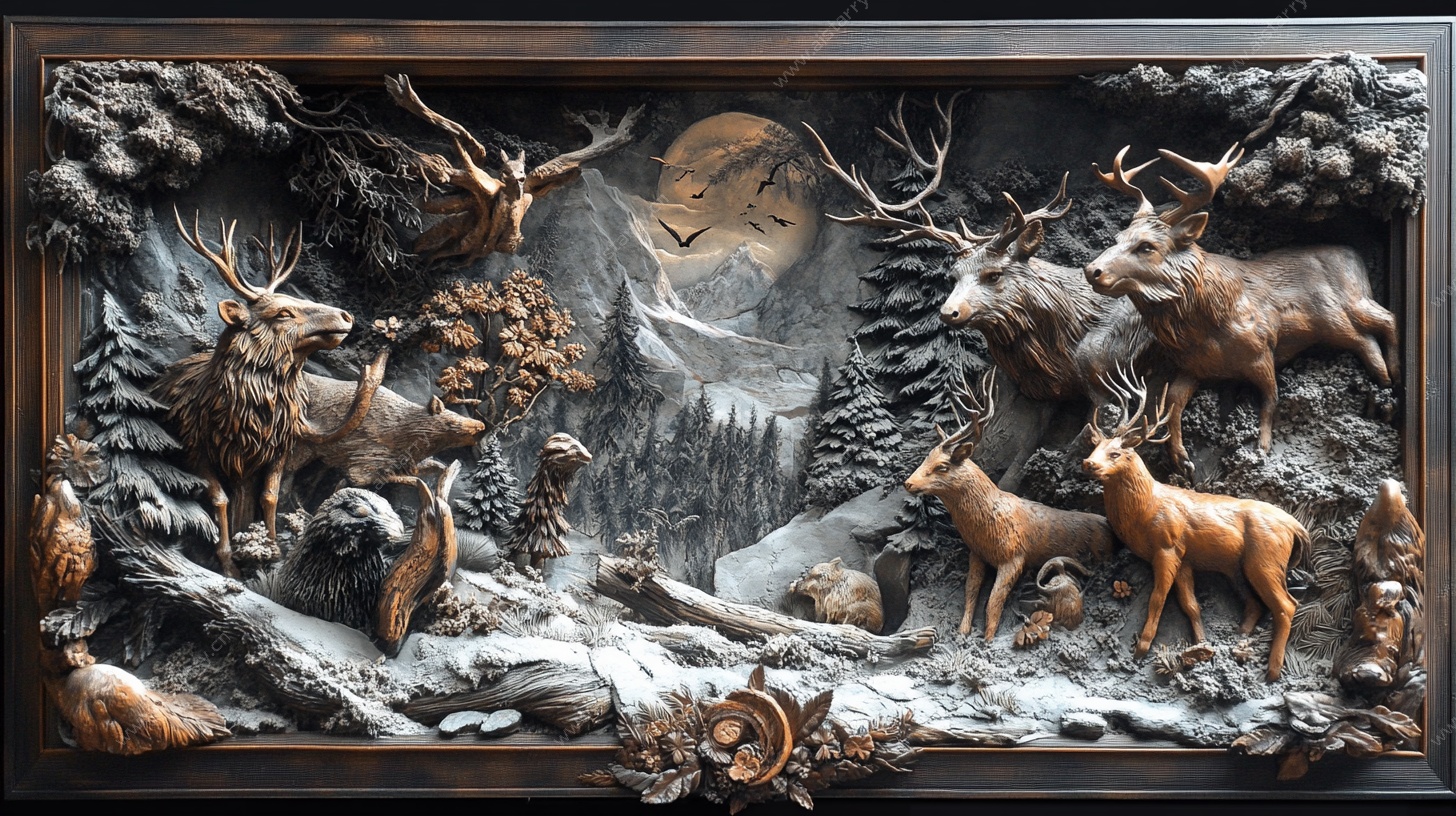 森林鹿群月夜木雕场景