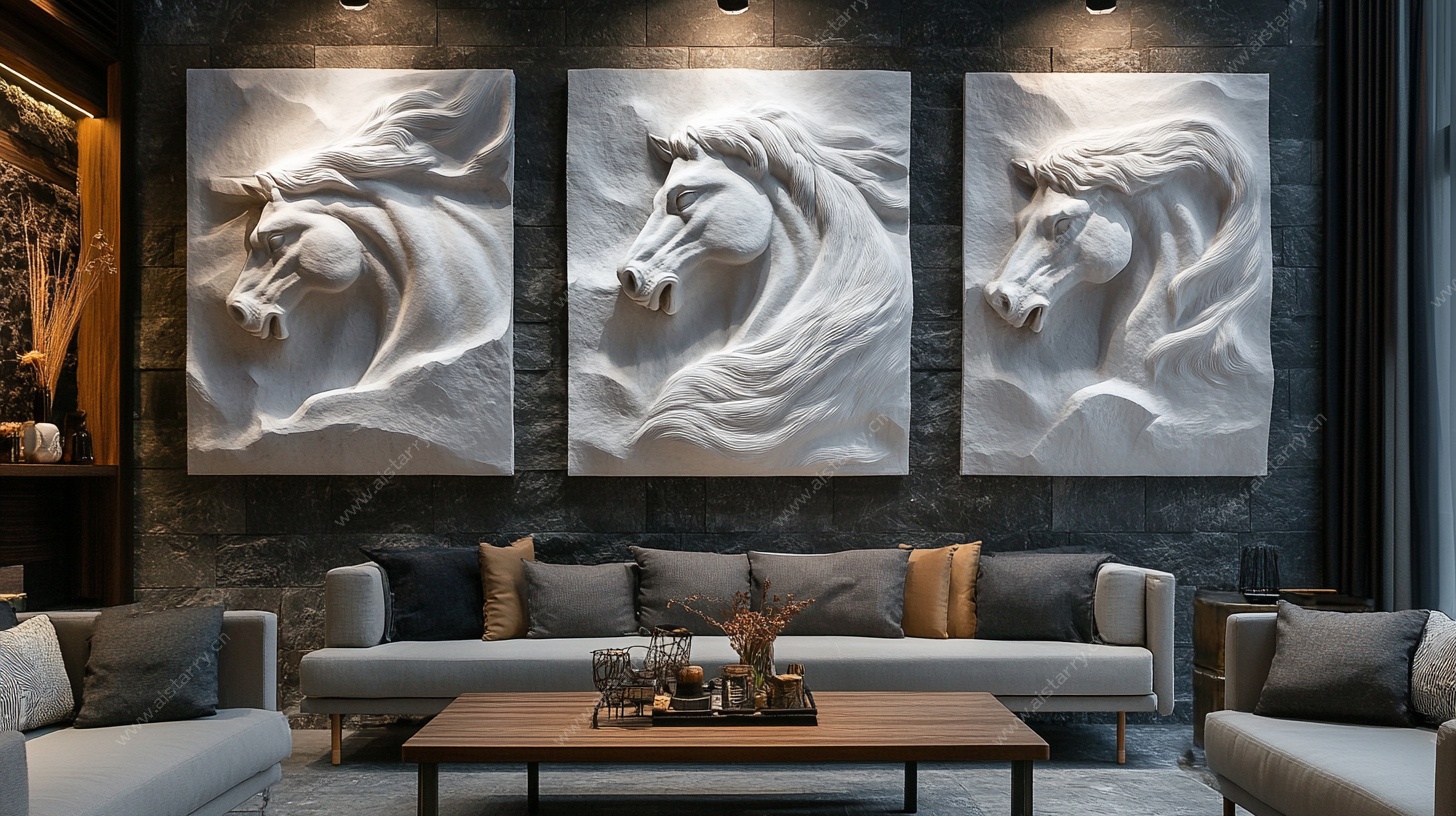 三联骏马浮雕装饰客厅画