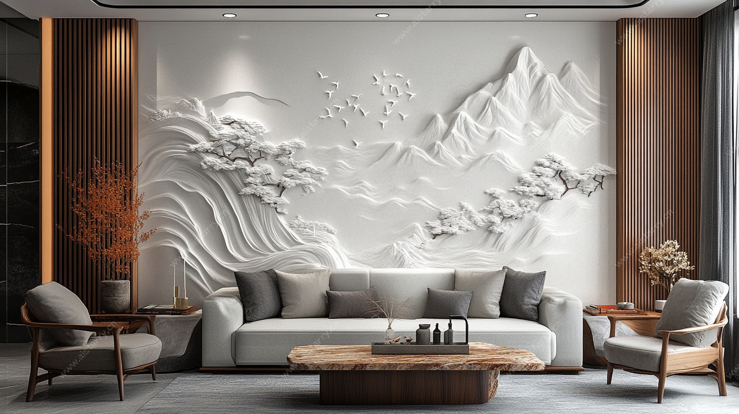 中式山水浮雕客厅背景墙