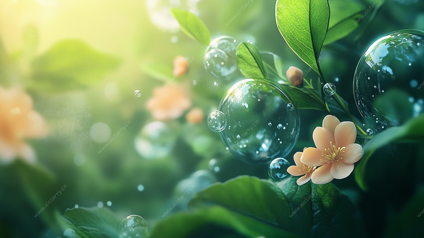 阳光下的花朵与梦幻泡泡