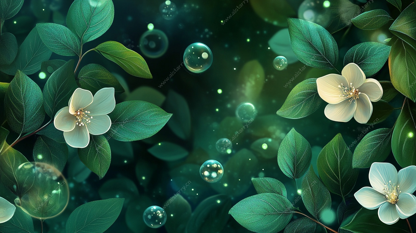 梦幻绿叶白花气泡图景