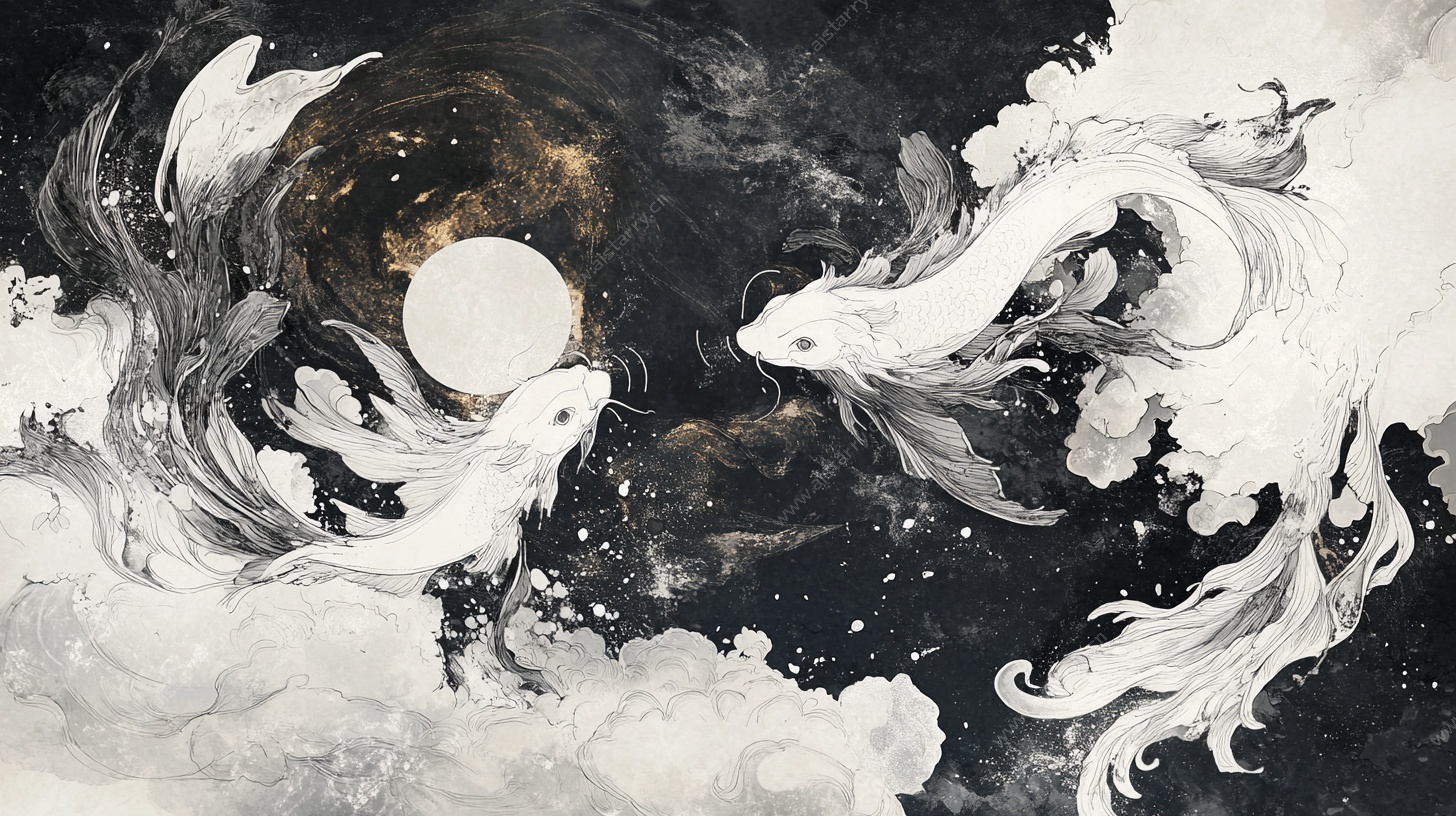 水墨双鱼映月奇幻图