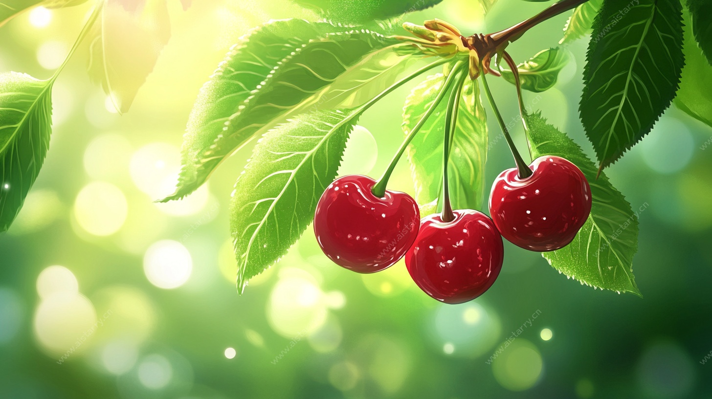 红樱桃挂绿叶间生机显