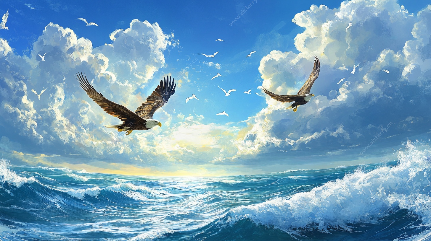 海天一色双鹰翱翔图