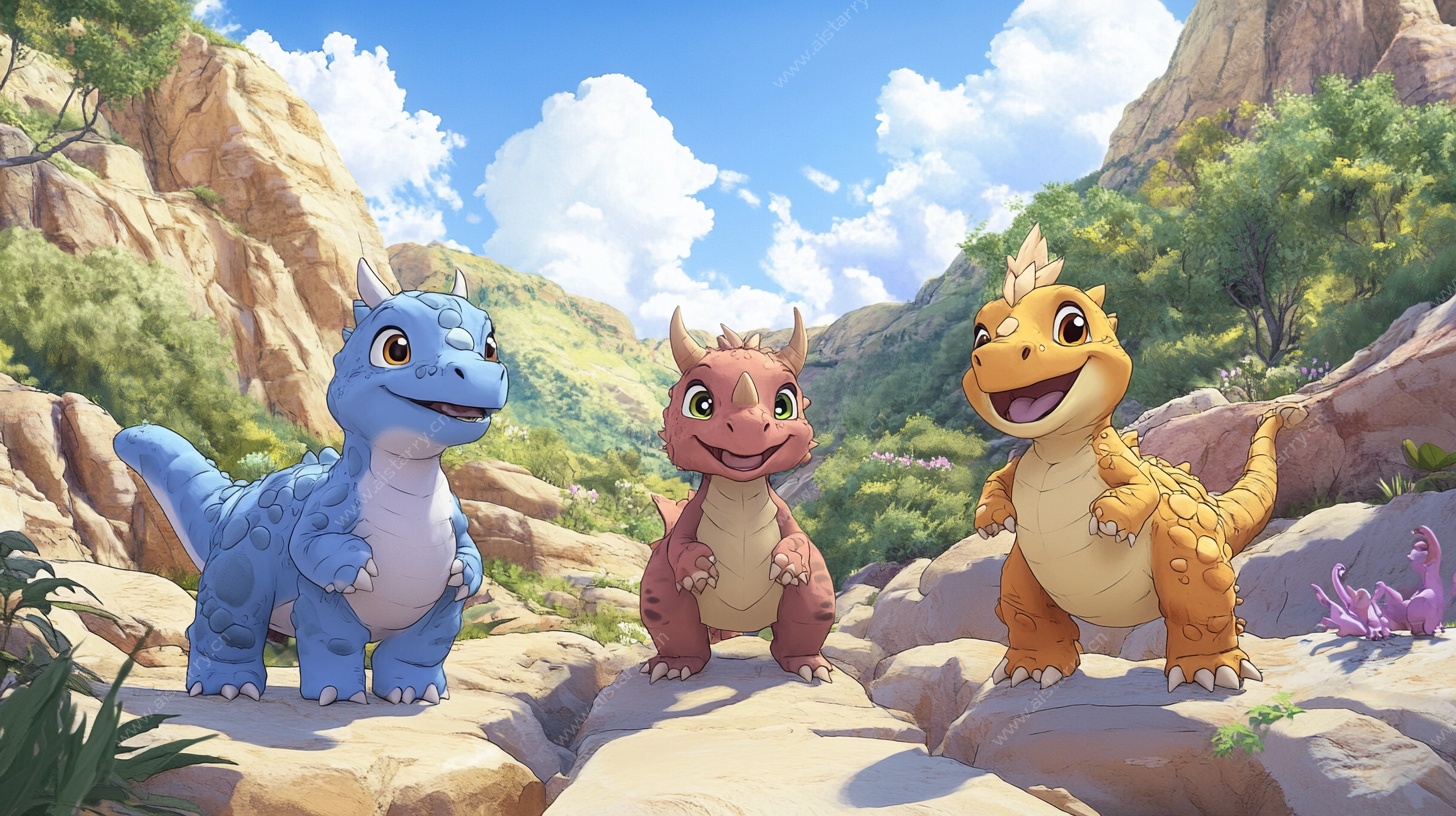 可爱恐龙的野外欢乐场景