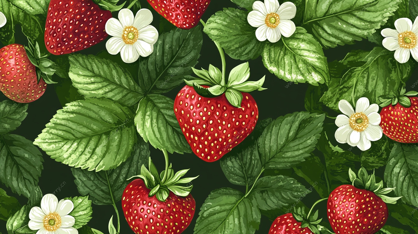 草莓花卉绿叶无缝图案