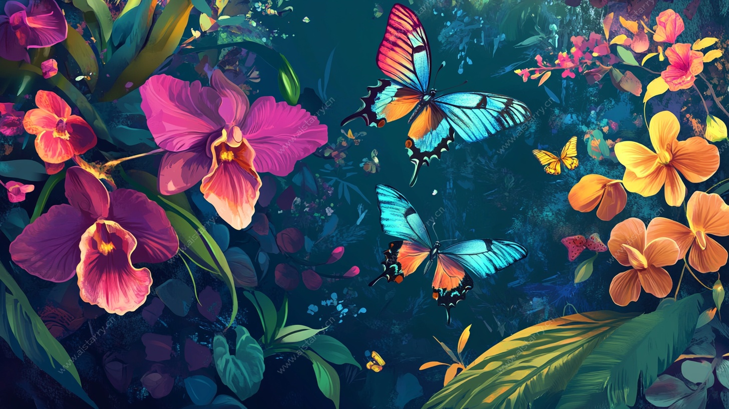 梦幻蝴蝶花卉丛林图