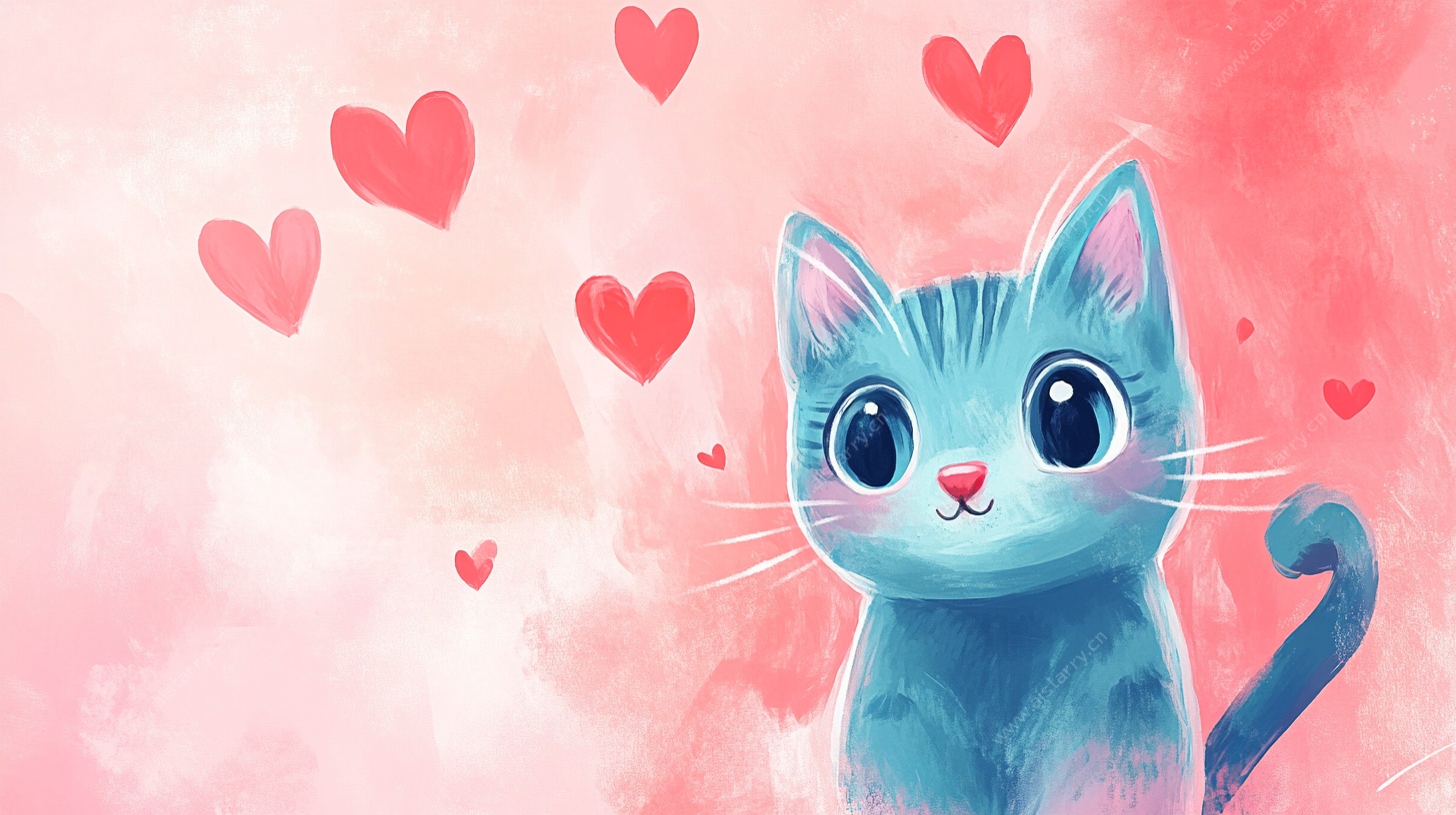 可爱蓝猫与爱心梦幻插画