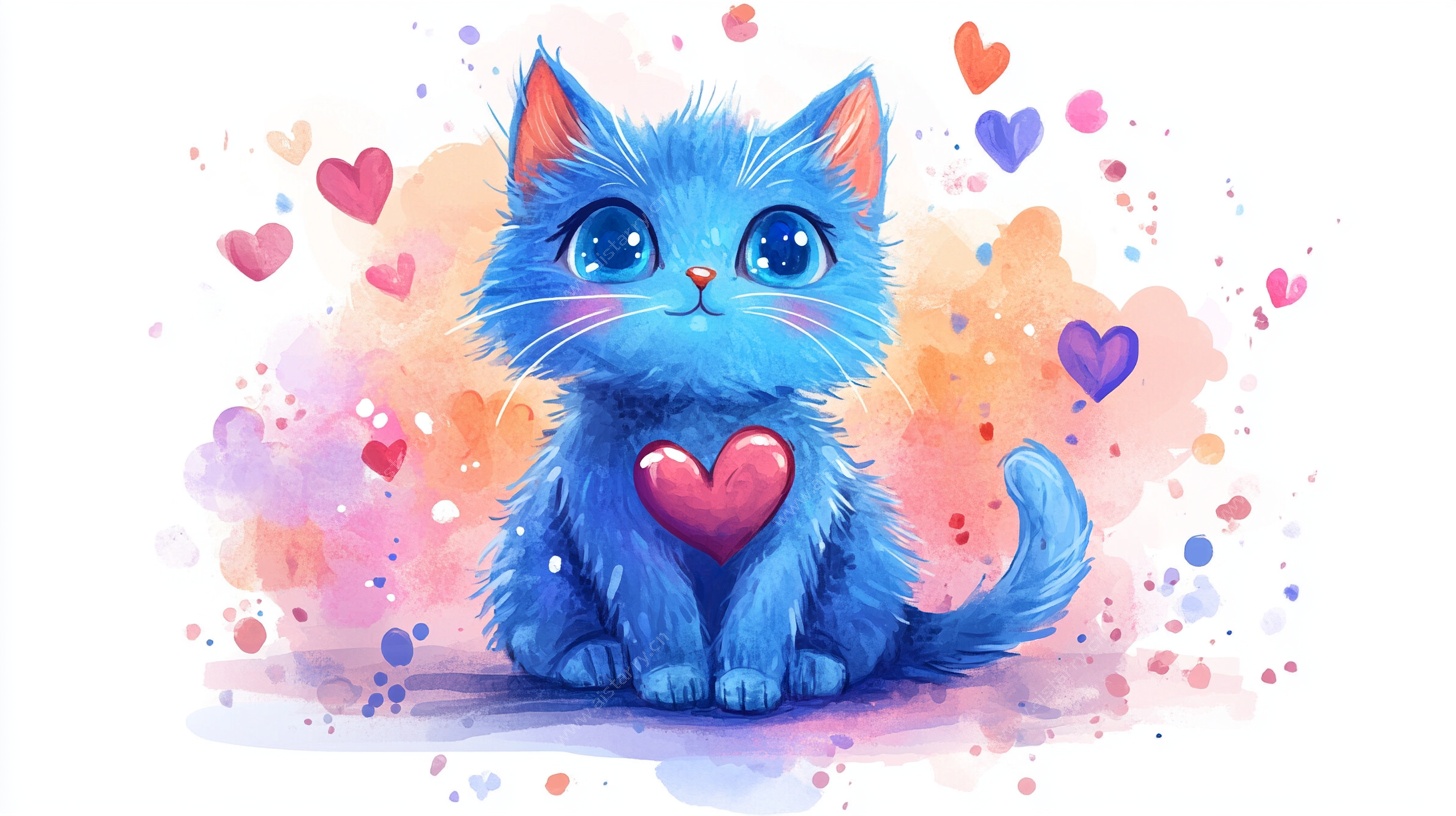 蓝色萌猫爱心水彩插画
