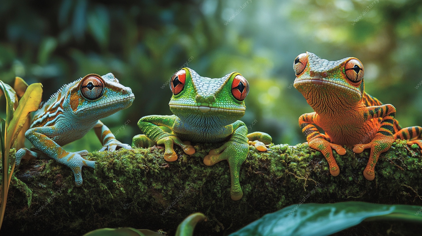 三只彩蛙栖于翠绿枝头