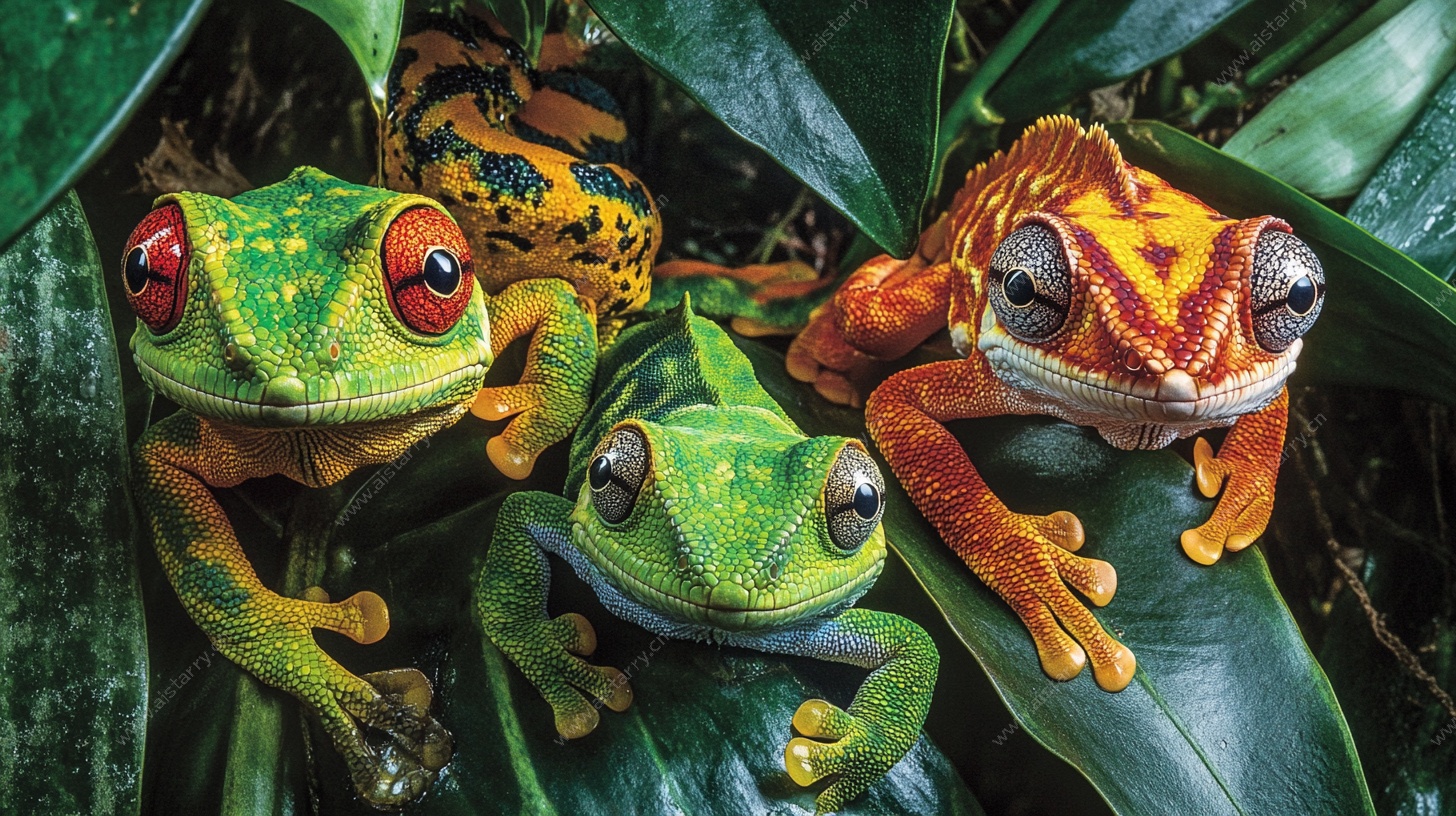 多彩树蛙栖于绿叶间