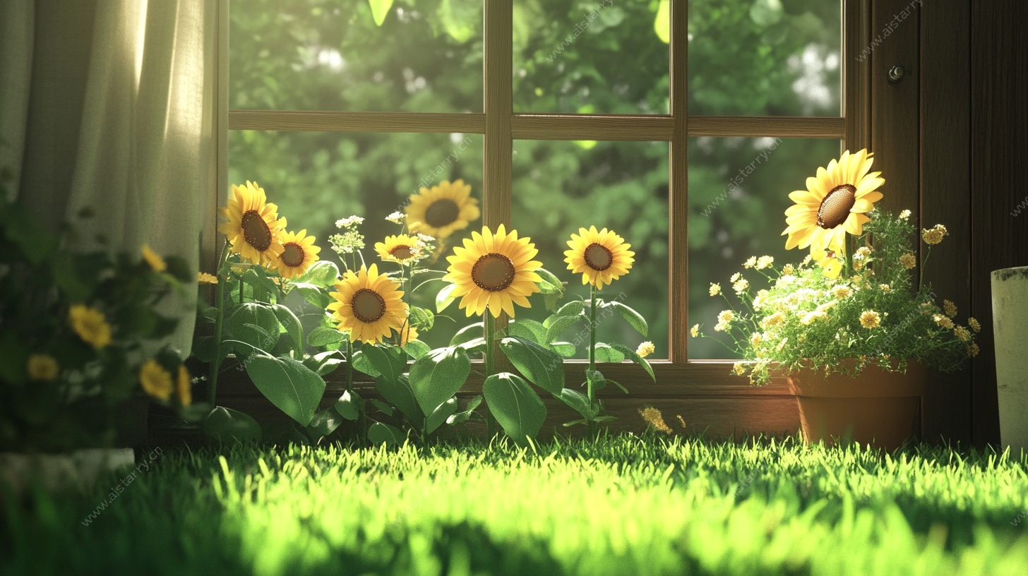 窗边向日葵的阳光景致