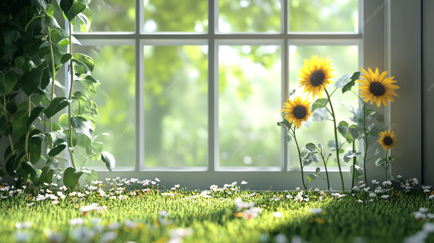 窗边向日葵的阳光小景