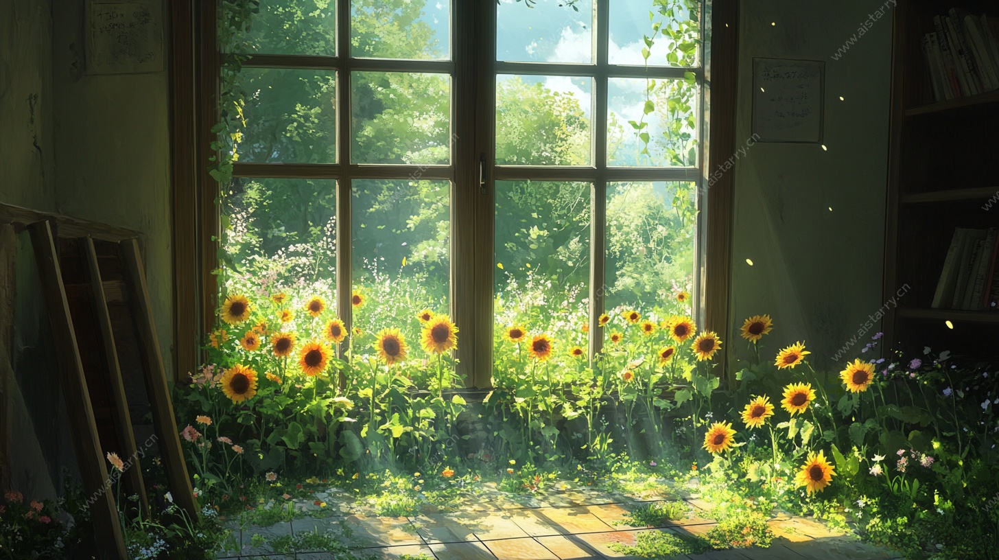 窗边向日葵阳光小景