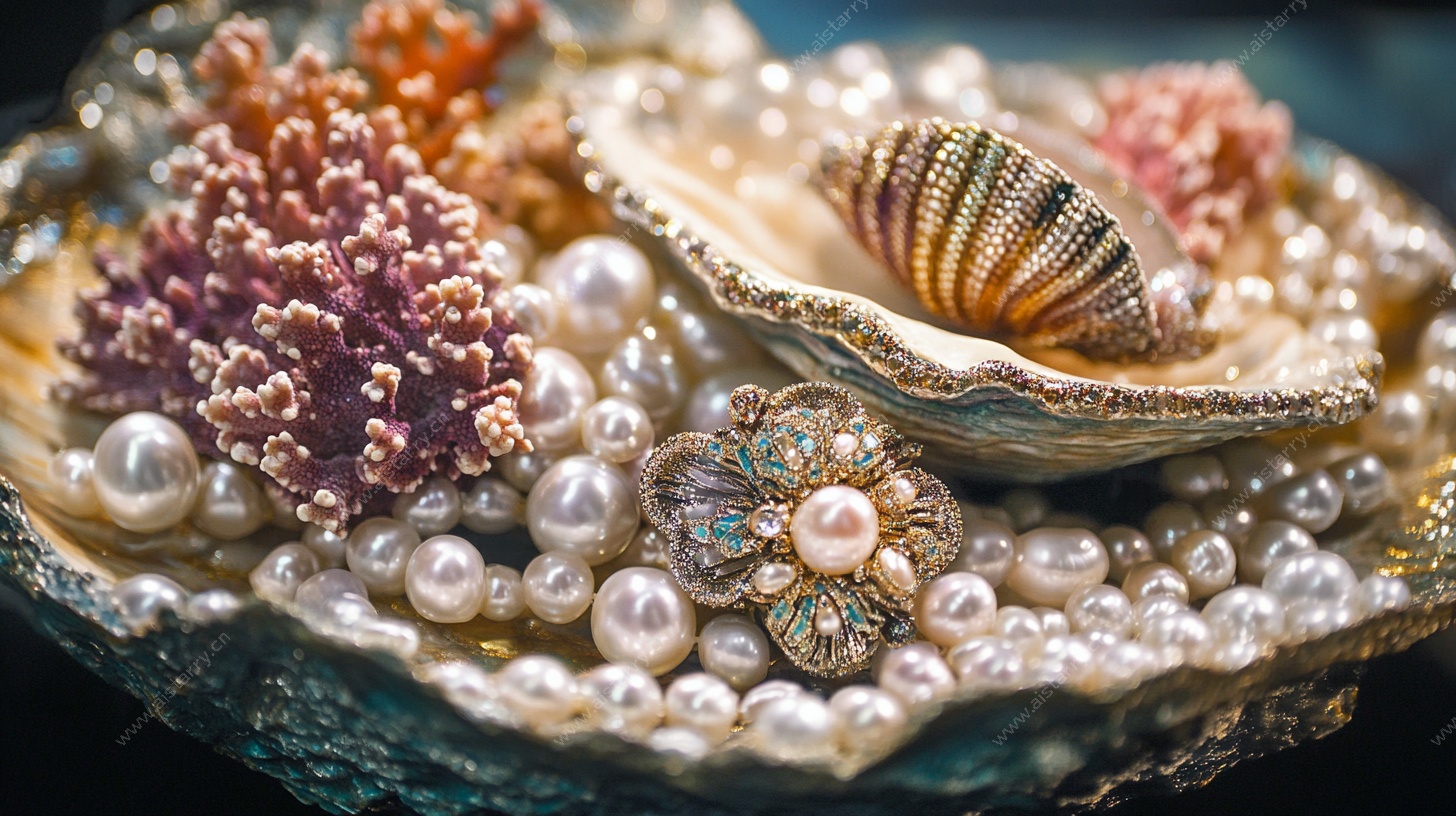 珍珠贝壳与珊瑚饰品静物