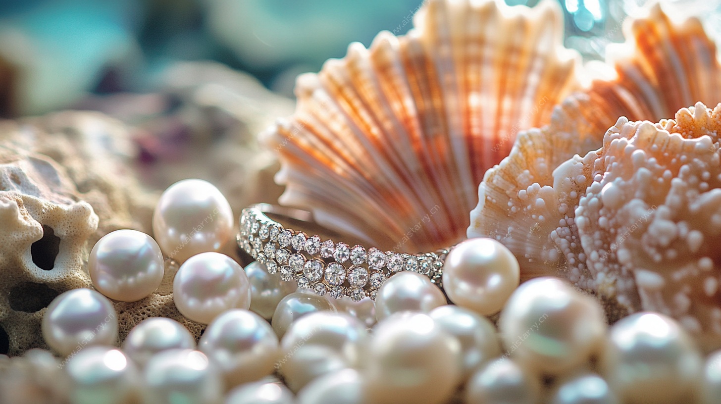 珍珠贝壳上的闪耀钻戒