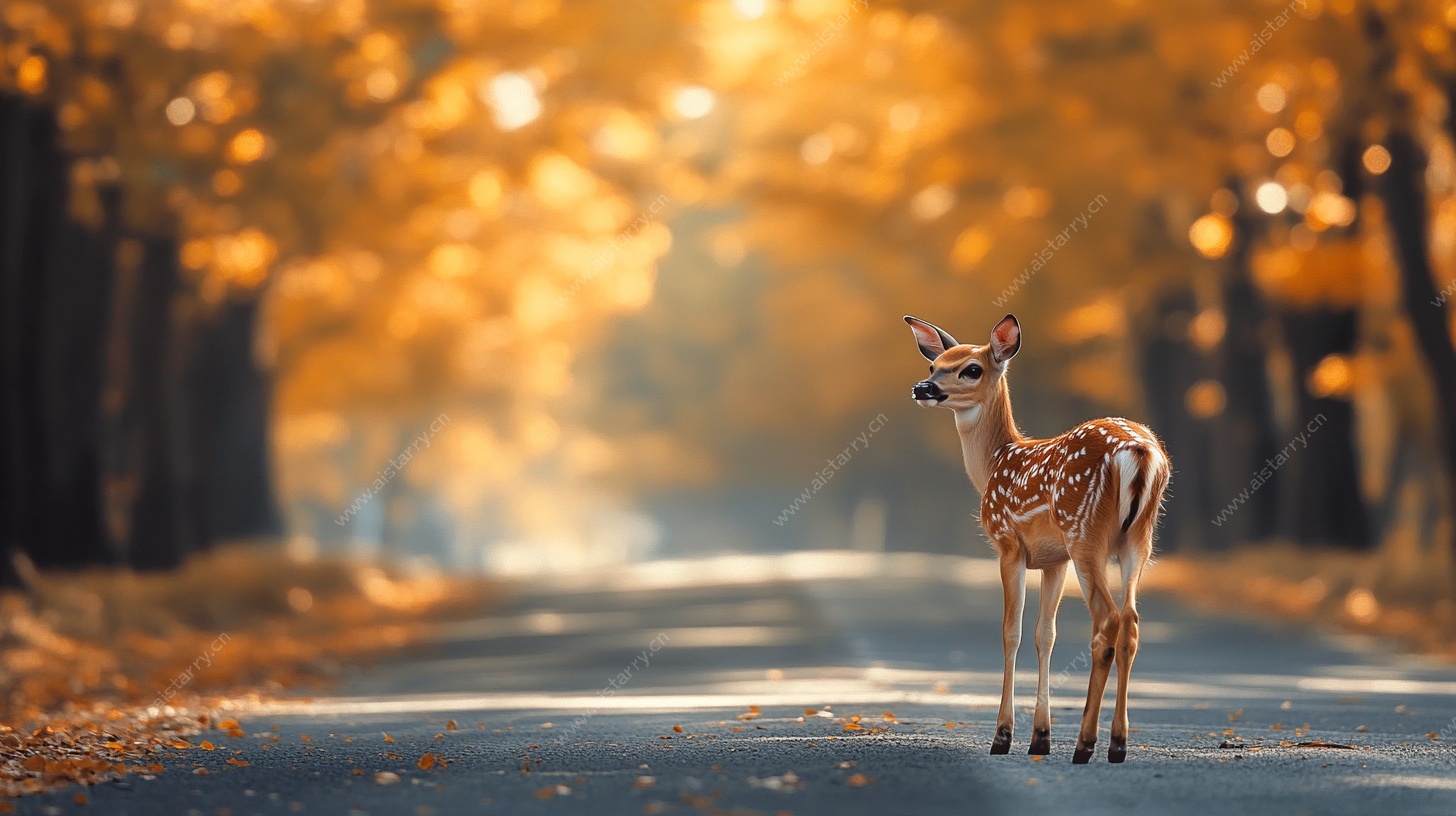 林间小鹿漫步秋日之路