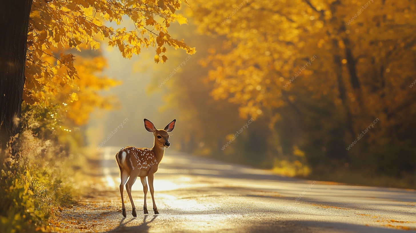 秋日小鹿漫步林间小道