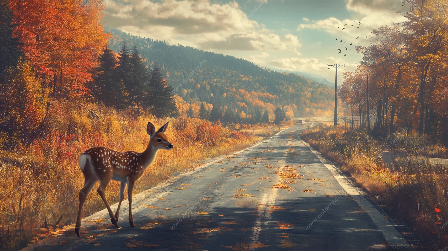 秋日公路上的小鹿