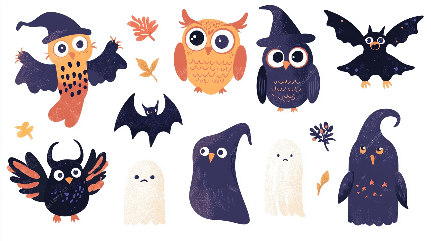 可爱万圣节动物幽灵插画