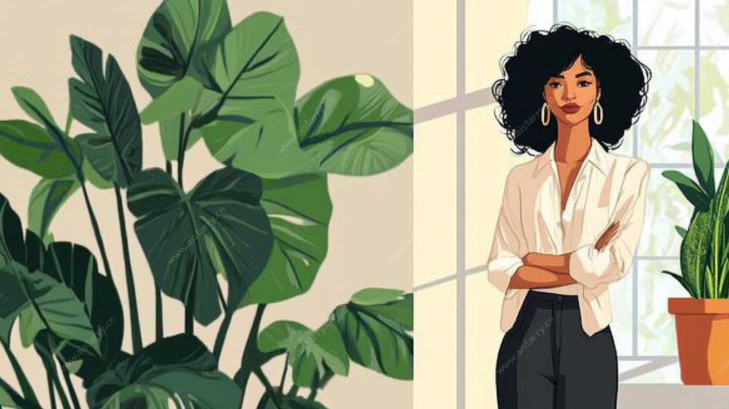 时尚女士与绿植室内场景