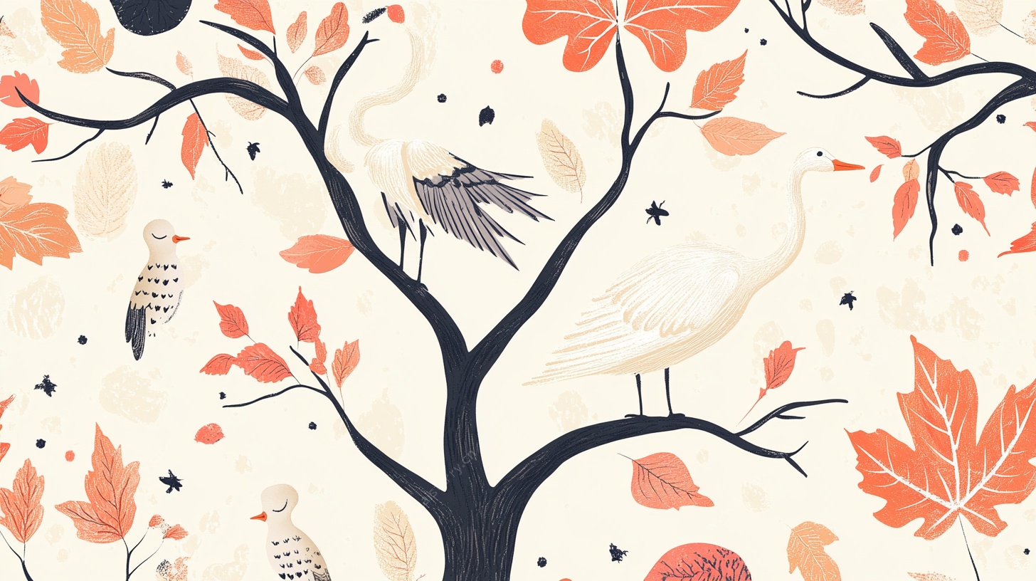 秋日栖树飞鸟插画作品