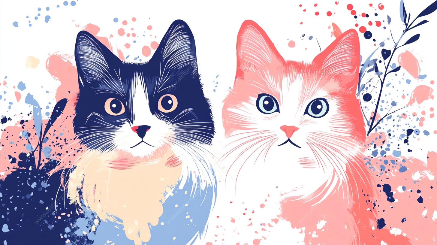 两只萌猫的水彩插画世界