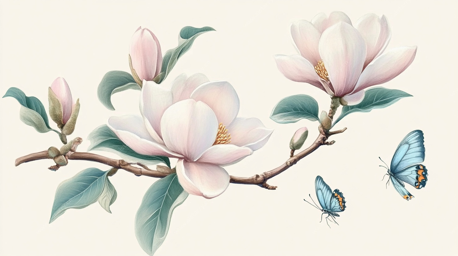 玉兰花枝双蝶图